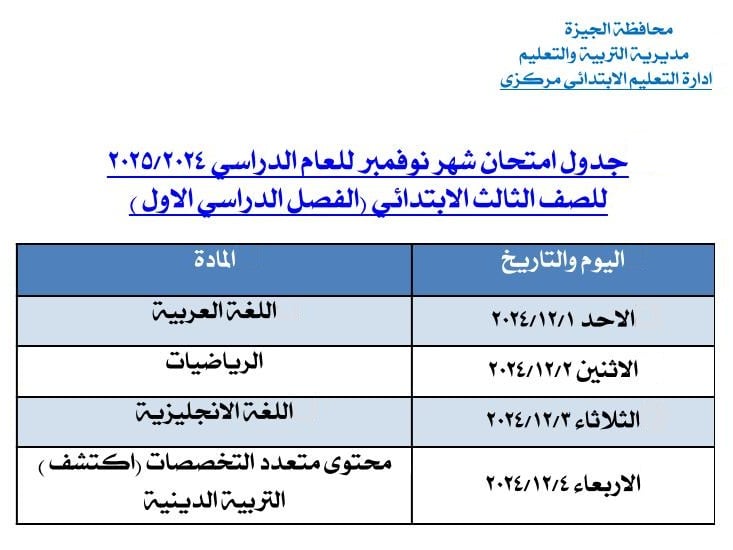 تبدأ أول ديسمبر.. جدول امتحان شهر نوفمبر لتلاميذ ثالثة ابتدائى بالجيزة