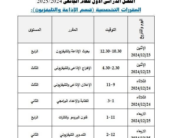 جداول امتحانات الشفوى للفصل الدراسى الأول بكلية الإعلام جامعة السويس