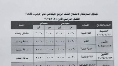 جدول امتحانات صفوف ابتدائى بمدارس إدارة أبو النمرس التعليمية